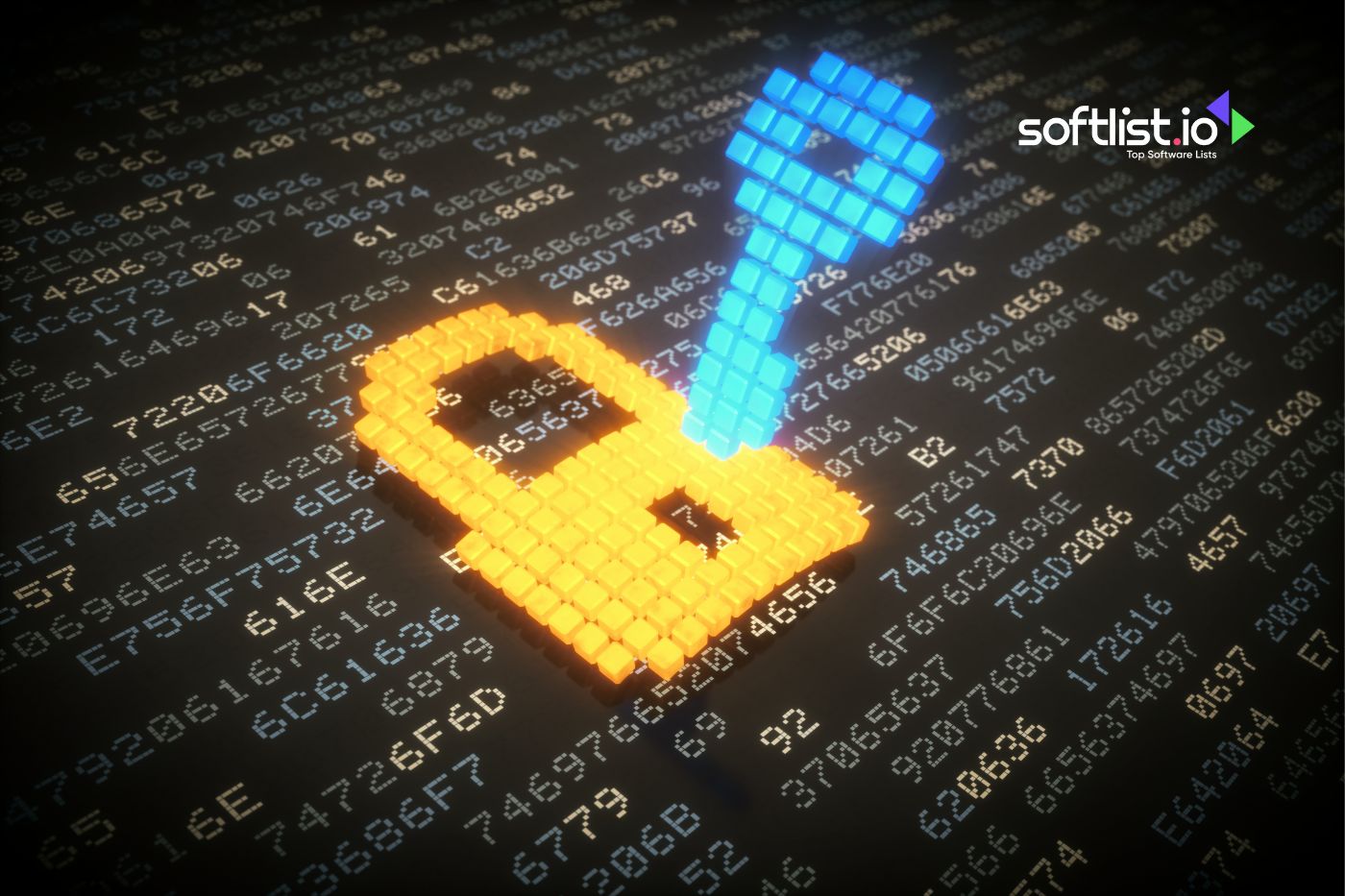 3D padlock and key over binary code for cybersecurity