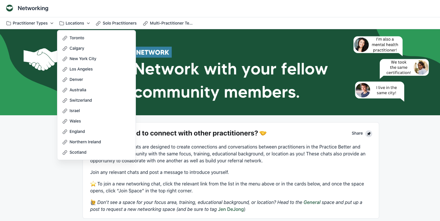 A screenshot of the Practice Better Community showing a dropdown where you can filter by practitioner city location.
