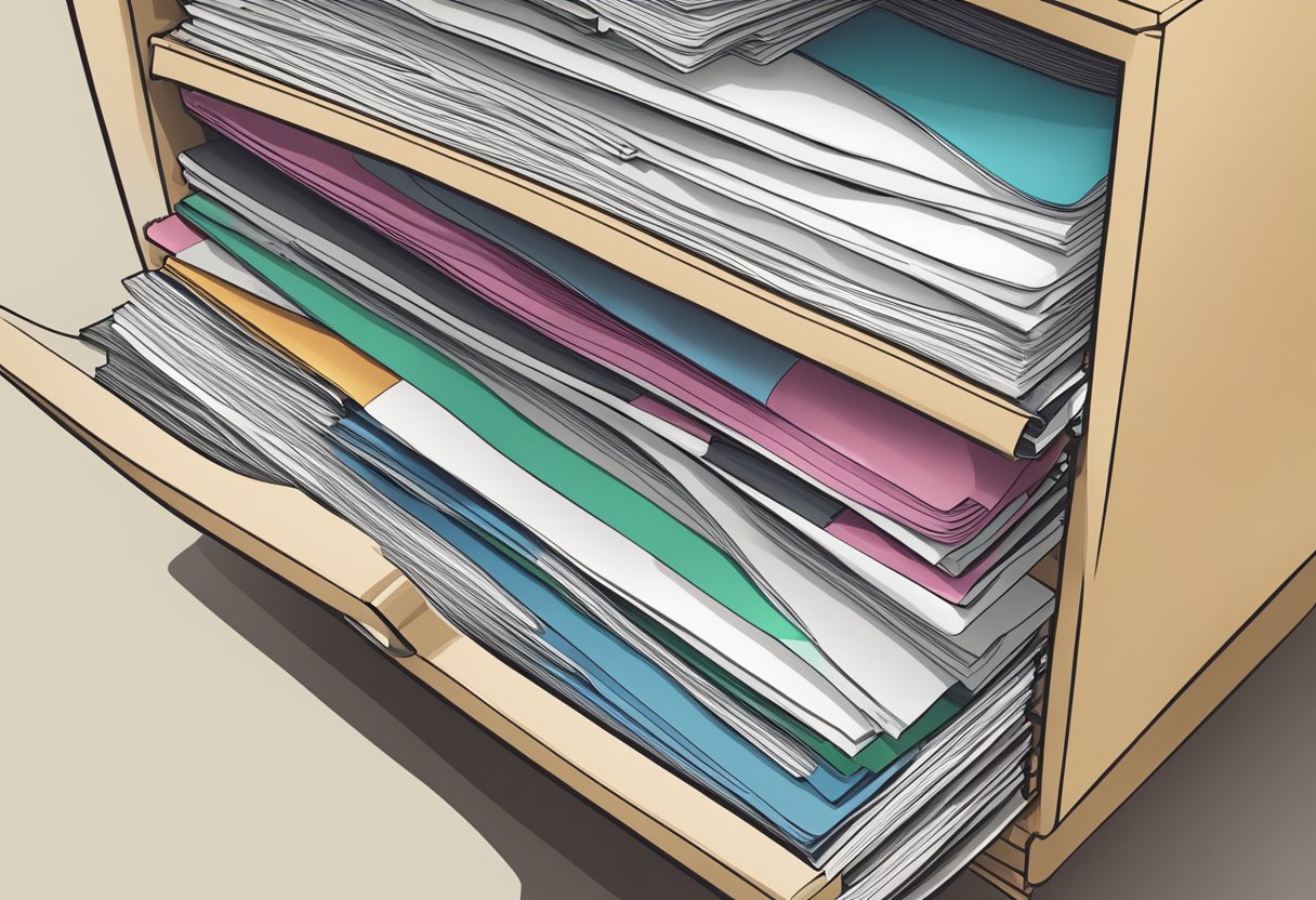 A stack of documents being organized and stored in a filing cabinet