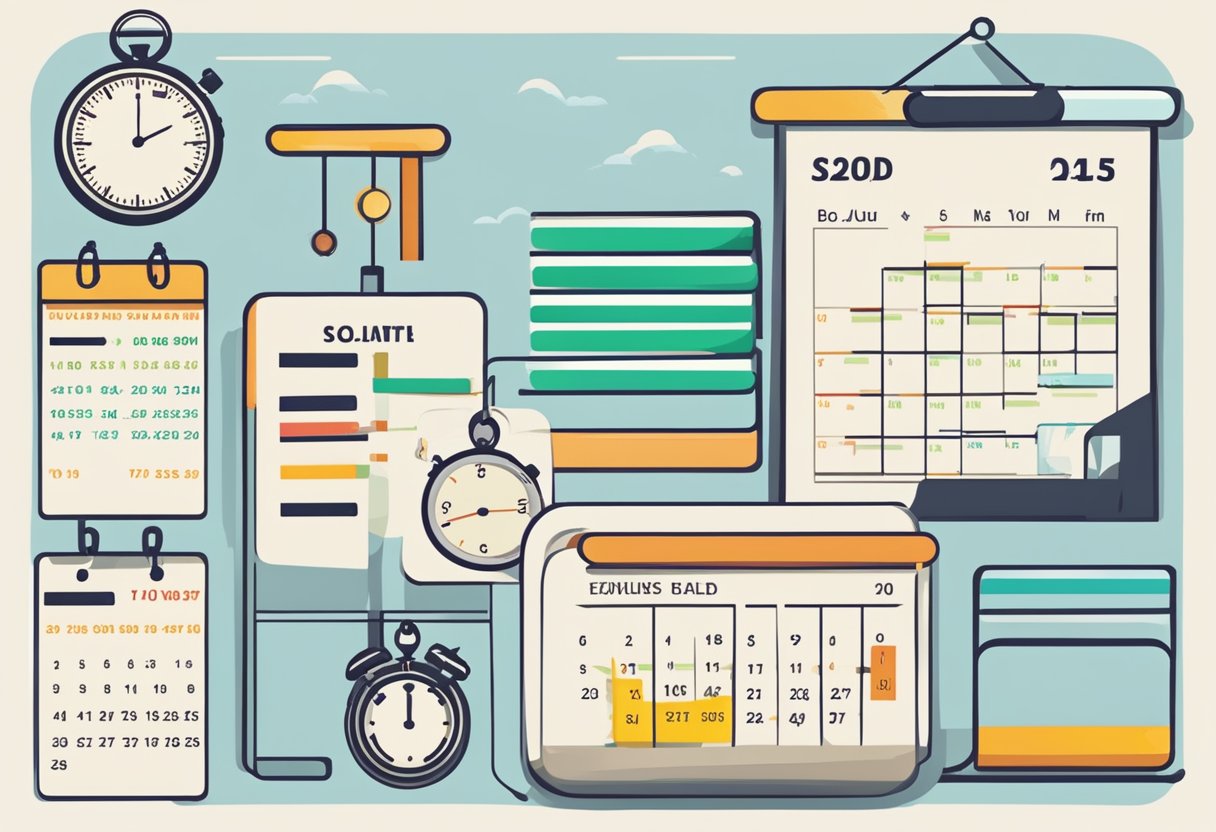 A calendar with days crossed off, showing a quick sale timeline. A stopwatch or hourglass to symbolize speed. A sold sign for closure