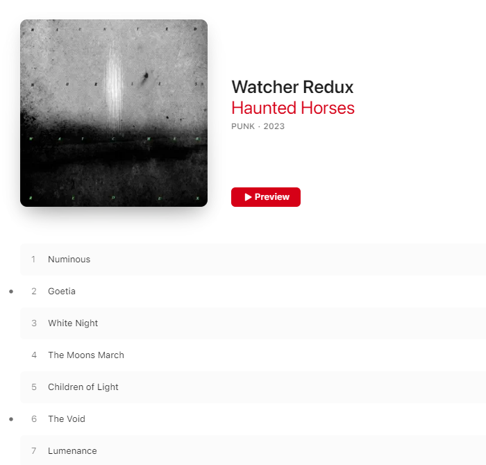 Apple Music screenshot of Watcher Redux by Haunted Horses album page with the star icons on two songs: Goetia and The Void