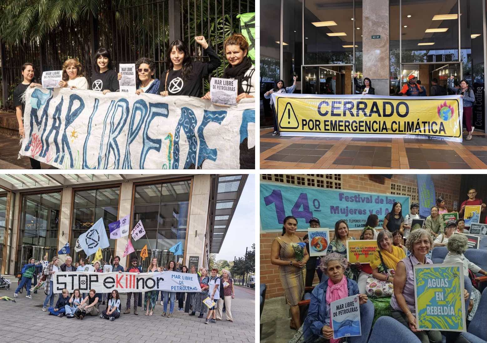 A montage of crowds holding banners condeming the oil companies destroying the ocean