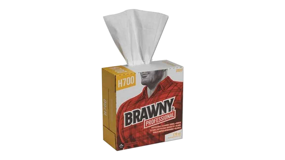 A box of BRAWNY PROFESSIONAL shop towels in a box where the towels pop up out of the top and it looks funny with the package art of a BRAWNY man and the top of his head is cut off and the shop towel appears to be erupting out of dude's head