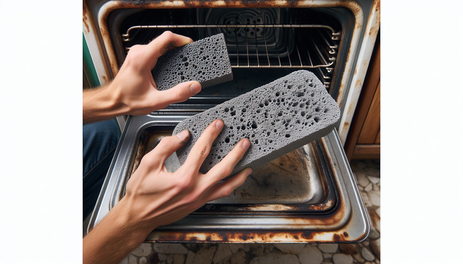 Using pumice stone to remove oven residues