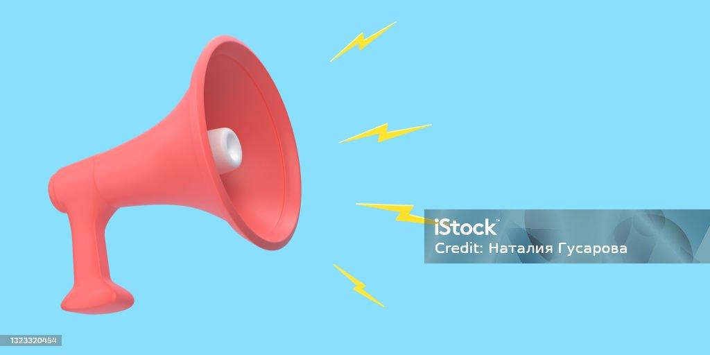 Red loudspeaker, megaphone on a blue background Red loudspeaker, megaphone on a blue background. 3d rendering Animal Call Stock Photo