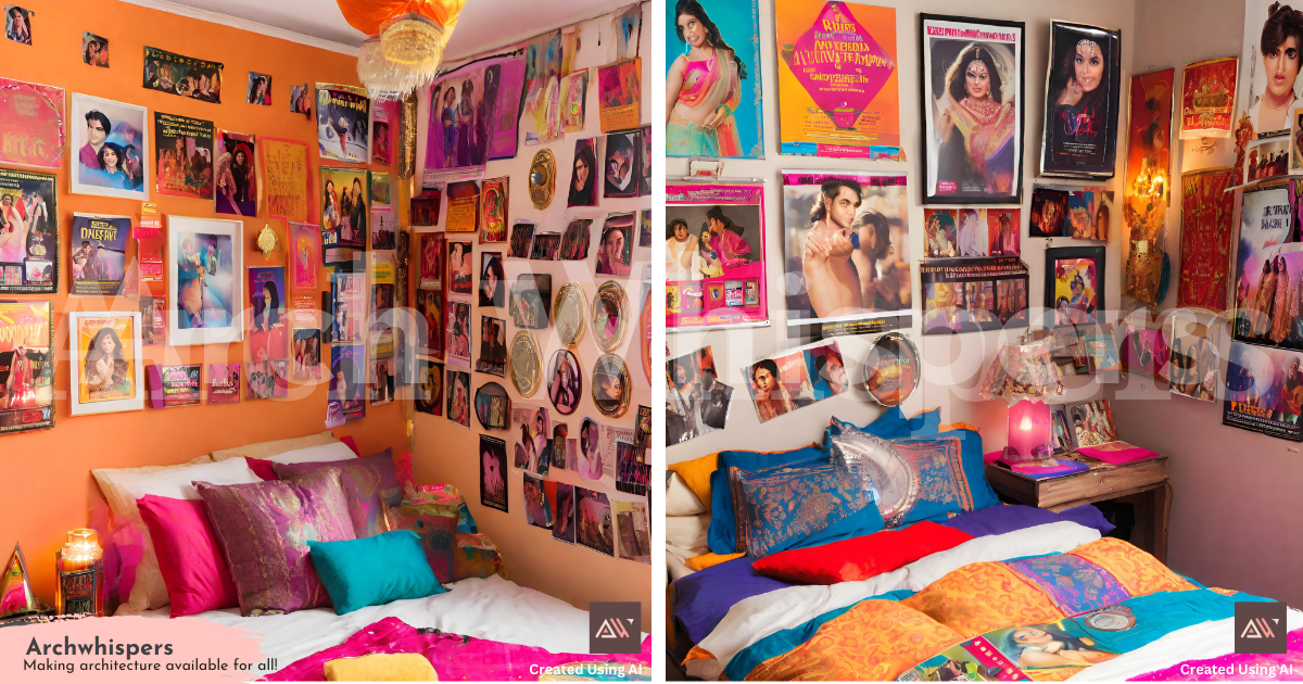 A Collage of Bollywood-Style Posters on a Bedroom Wall