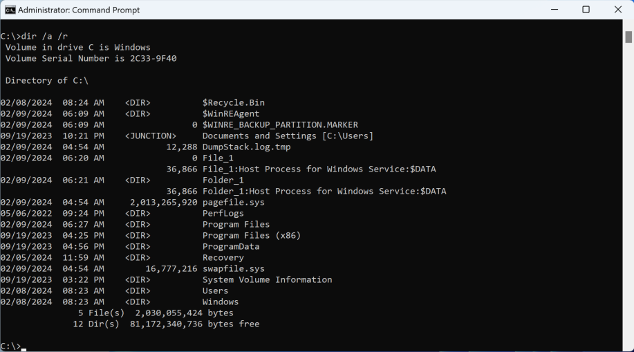 Figure 3. dir /r displays ADSs on files and directories but not on the root of the volume (click to enlarge)