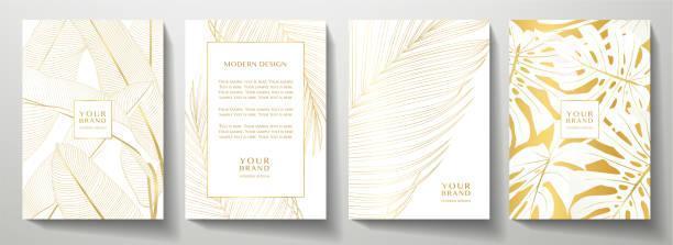 Tropical gold cover design set. Floral background with golden line pattern of exotic leaf (palm, banana tree) Elegant vector collection for wedding invite, brochure template, restaurant menu business holiday greetings cards stock illustrations