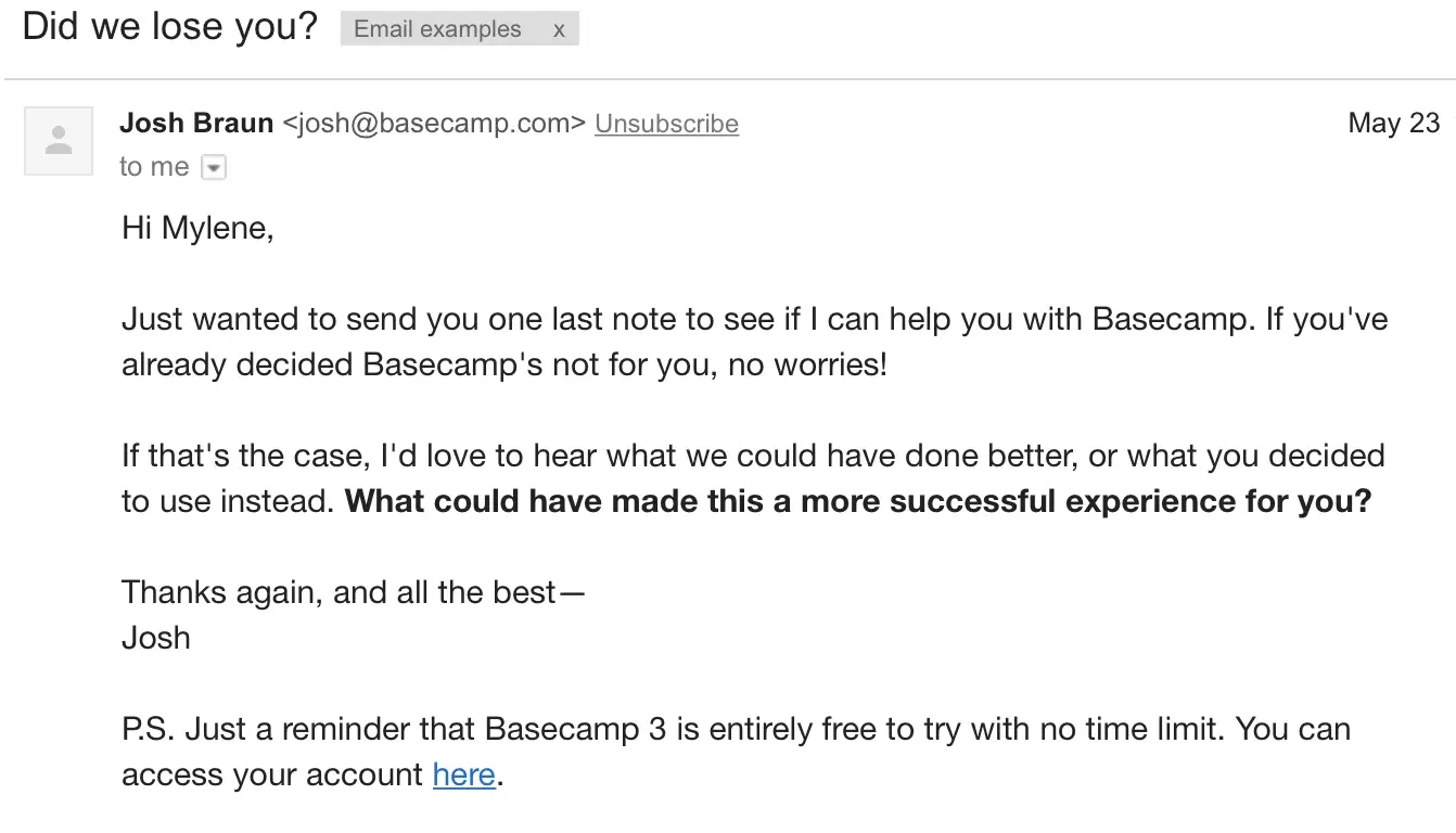A win-back email from Basecamp