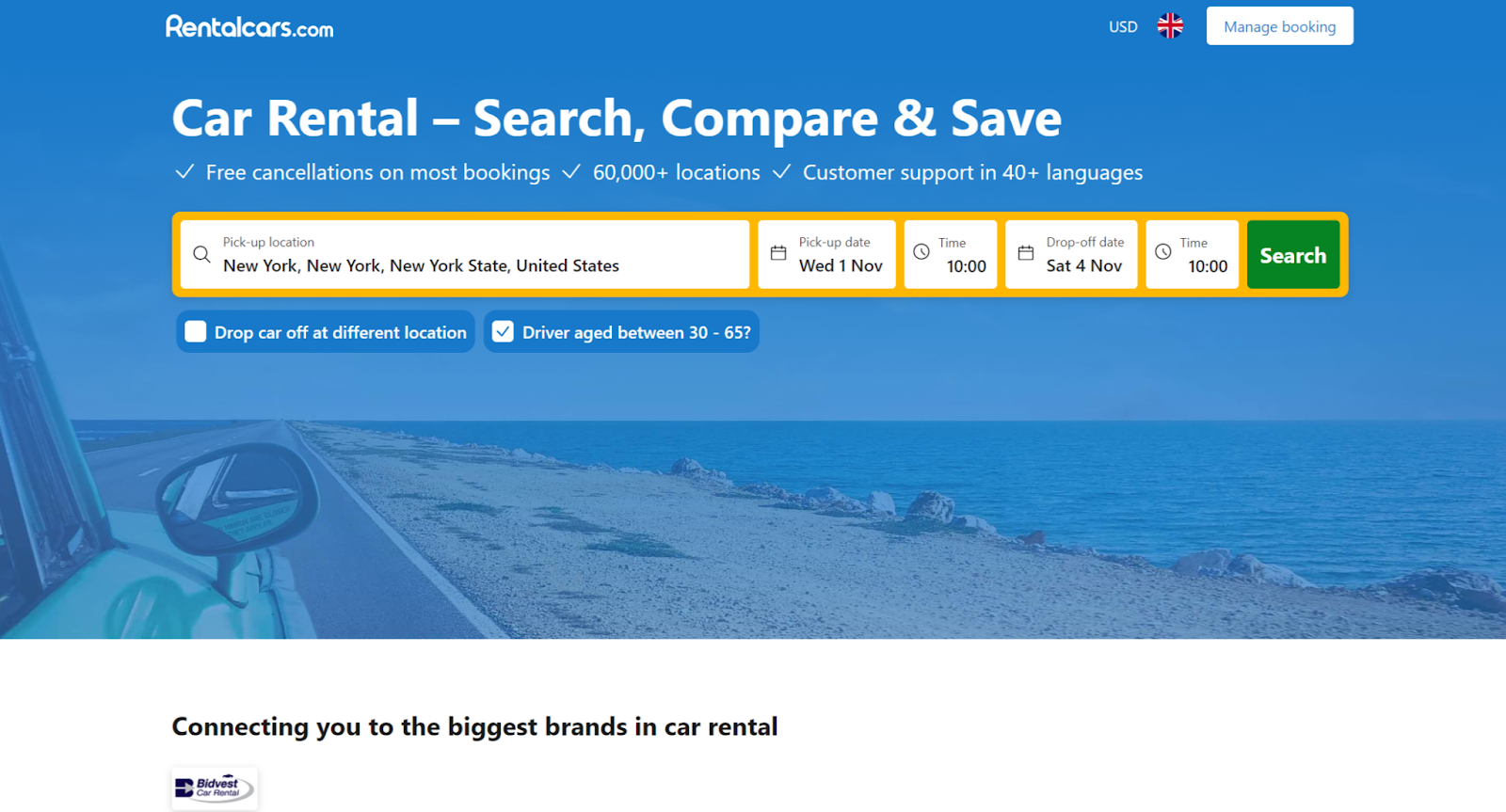 rentalcars.com homepage