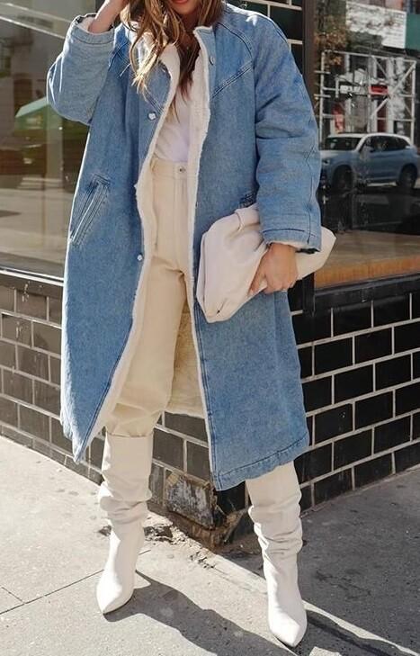 Sherpa Fleece Denim Trench Coat