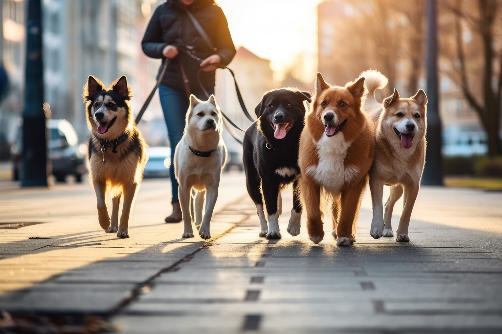 five dogs leashed outside for a walk