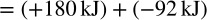 <math xmlns="http://www.w3.org/1998/Math/MathML" display="block" data-is-equatio="1" data-latex="= (+180 \, \text{kJ}) + (-92 \, \text{kJ})&#10;&#10;&#10;"><mo>=</mo><mo stretchy="false">(</mo><mo>+</mo><mn>180</mn><mstyle scriptlevel="0"><mspace width="0.167em"/></mstyle><mtext>kJ</mtext><mo stretchy="false">)</mo><mo>+</mo><mo stretchy="false">(</mo><mo>−</mo><mn>92</mn><mstyle scriptlevel="0"><mspace width="0.167em"/></mstyle><mtext>kJ</mtext><mo stretchy="false">)</mo></math>