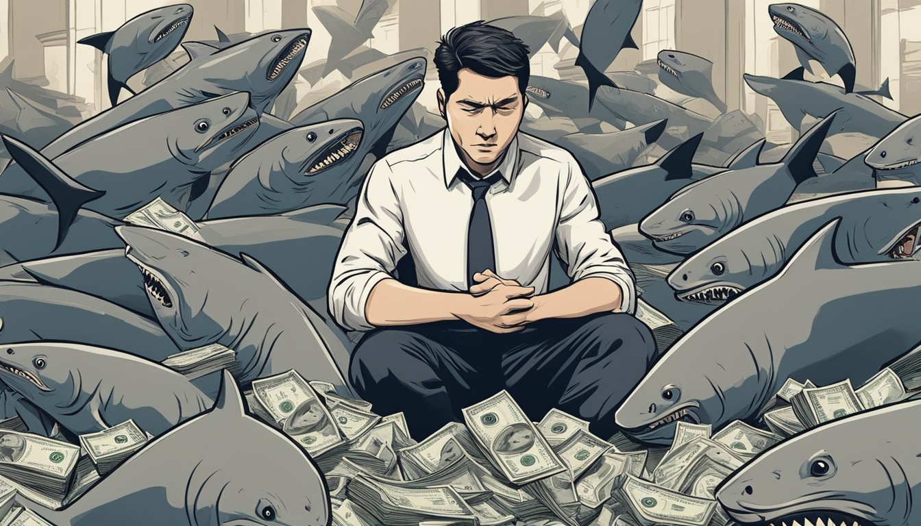 A desperate borrower surrounded by menacing loan sharks demanding exorbitant interest rates. The borrower is visibly distressed, while the loan sharks loom menacingly, showcasing their unethical practices