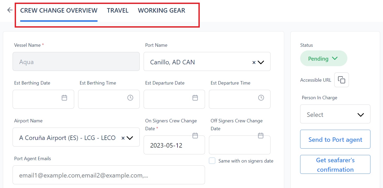 Screenshot of Martide's maritime crew management system showing the Crew Change page