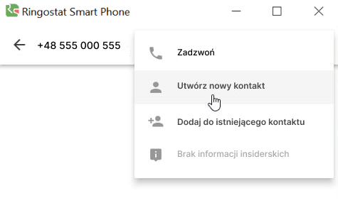 Ringostat, mini-CRM, tworzenie kontaktu w oknie dialogowym na karcie Messenger