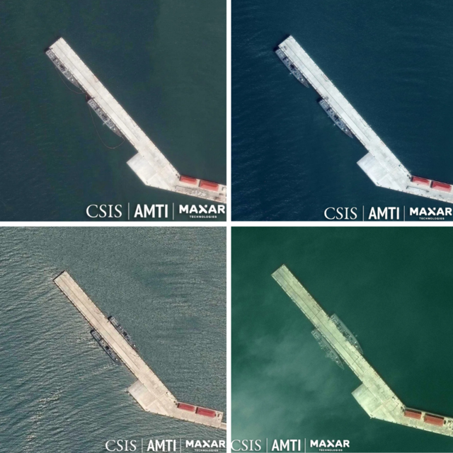 Hai tàu chiến neo ở quân cảng Ream vào các ngày (theo chiều kim đồng hồ từ trên cùng bên trái): 14/12/2023, 22/1/2024, 15/2/2024 và 10/3/2024