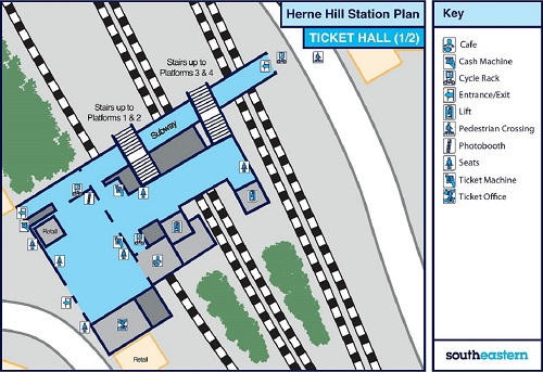 A map of Herne Hill station with a key signifying various access routes and landmarks