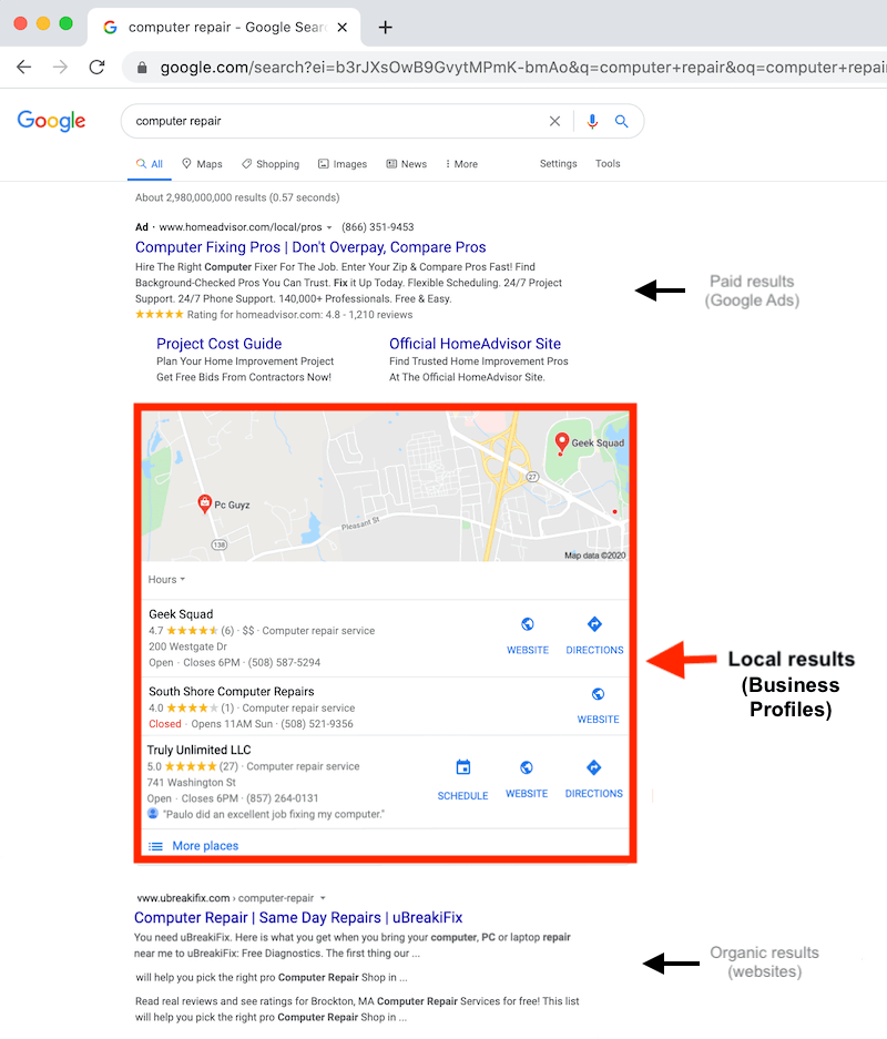 Google search results with business profiles on desktop