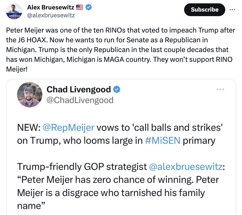 Alex Bruesewitz quote tweet of a Chad Livengood tweet denouncing "RINO Meijer"'s entry into the Michigan Senate primary. 