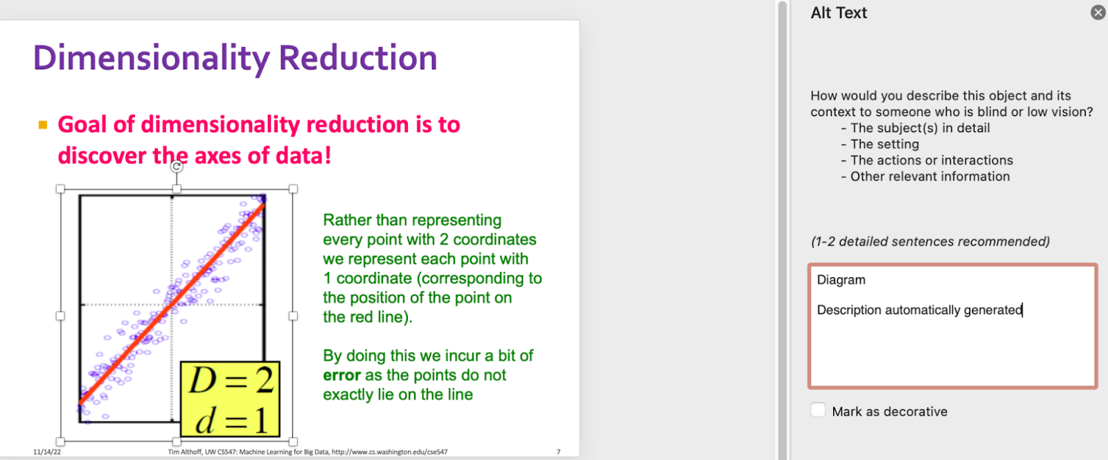 This is a screenshot of a powerpoint slide and the Alt Text Panel. On the left, there is a powerpoint slide with a scatterplot and a red line fitting a regression of the scatter plot. On the right, the auto-generated alt text is "Diagram, description automatically generated."