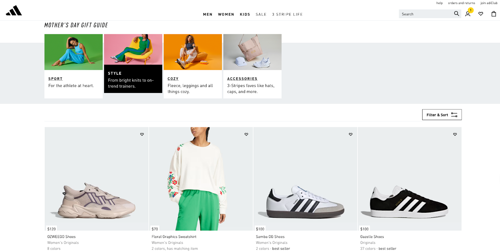 Screenshot of Adidas new arrival page that uses monochromatic colors