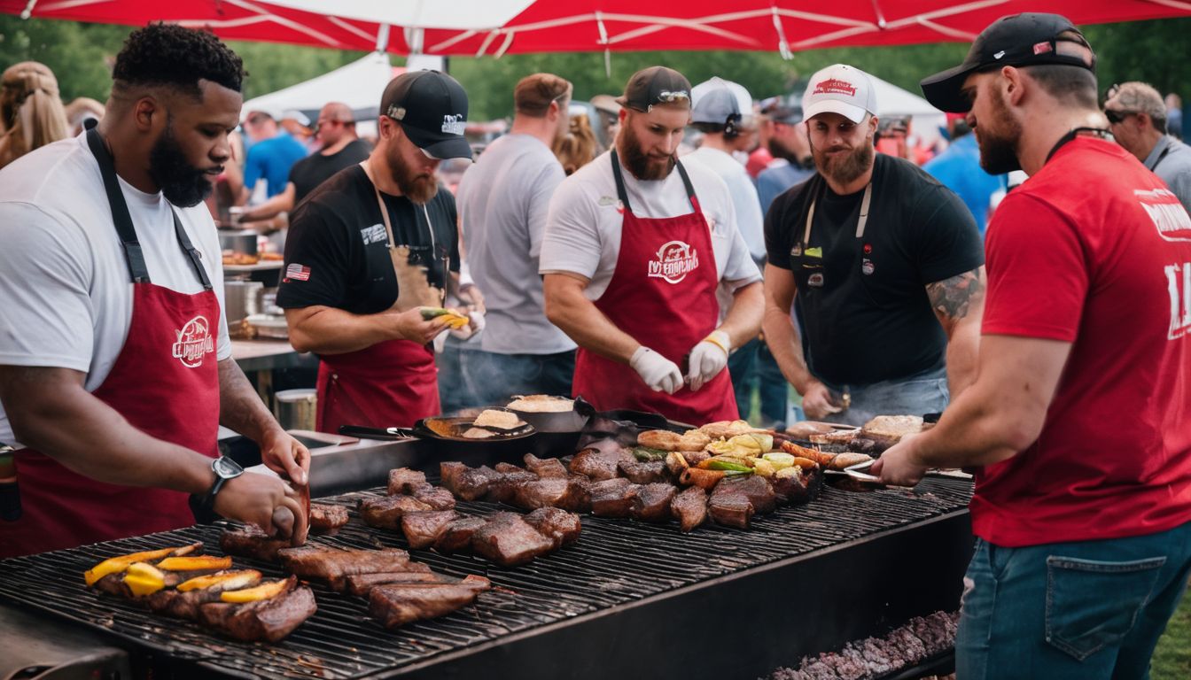 A group of pitmasters cooking at the bustling Texas Monthly BBQ Festival.