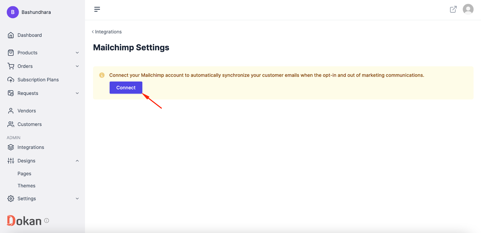 A screenshot to connect mailchimp account
