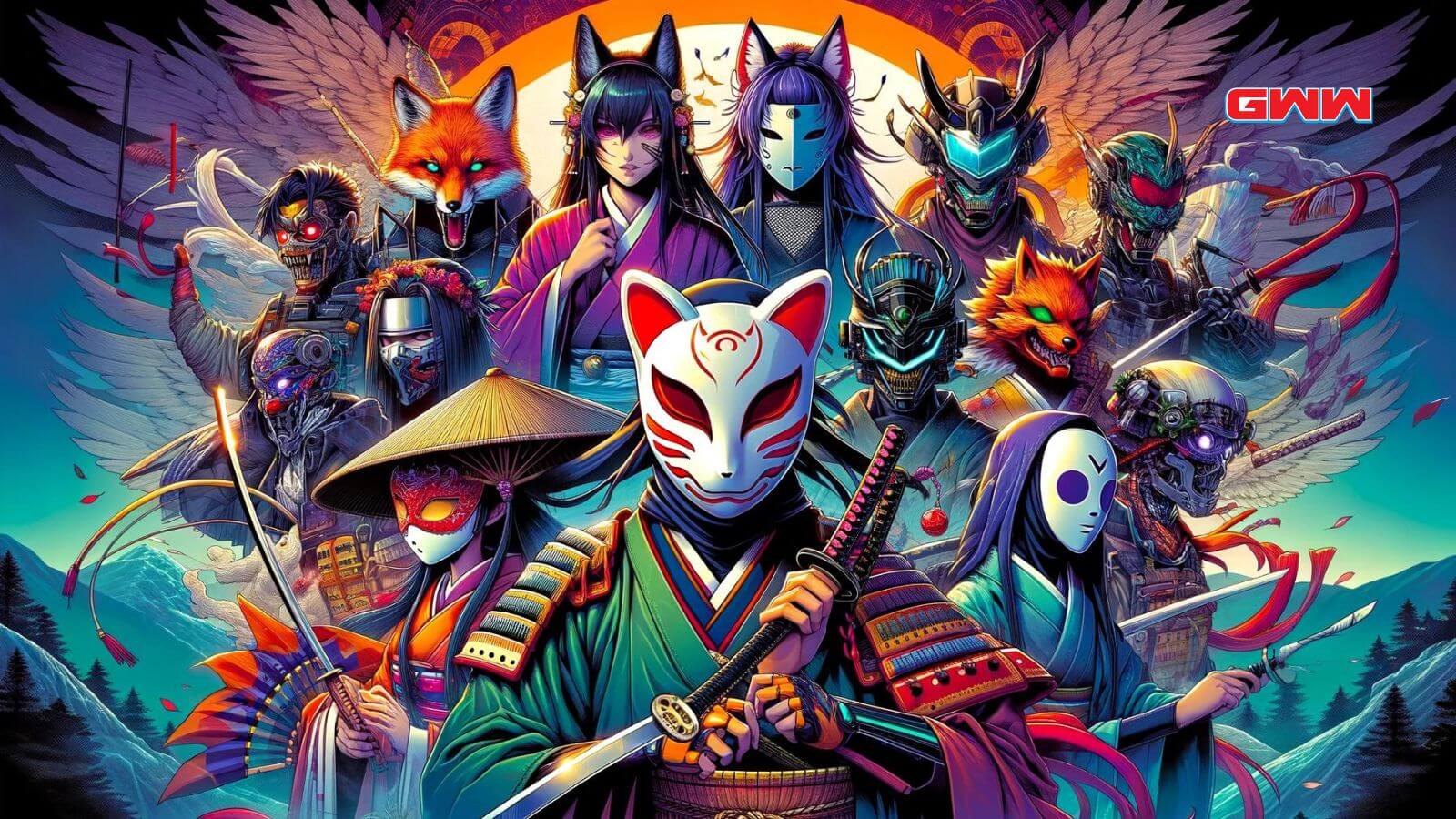 Una escena detallada que representa una variedad de personajes de anime con diferentes máscaras.