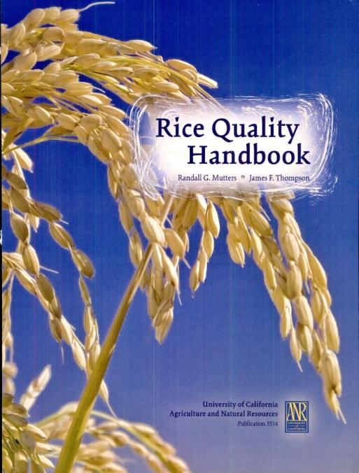 A close-up of a book cover "Rice Quality Handbook"
