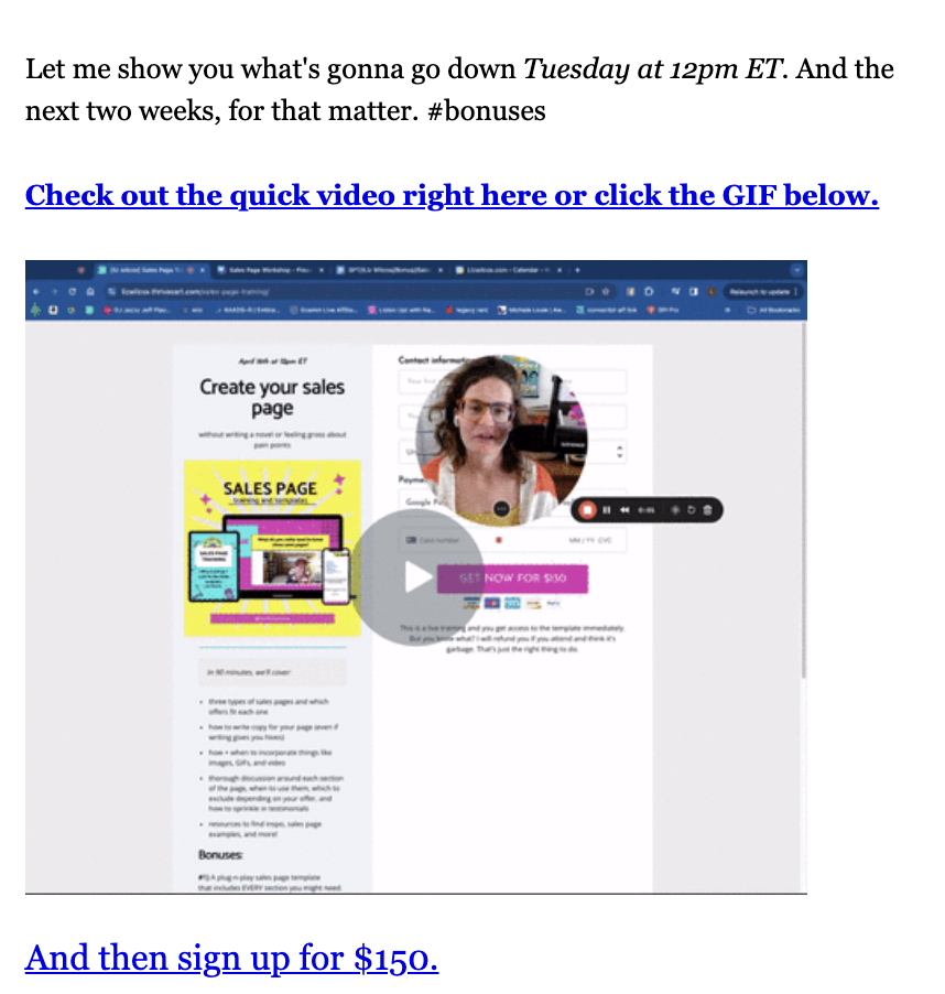 screenshot example of putting a behind the scenes video in your email campaign. 
