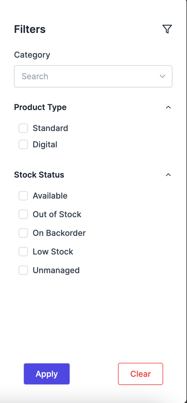 A screenshot to filter products by category