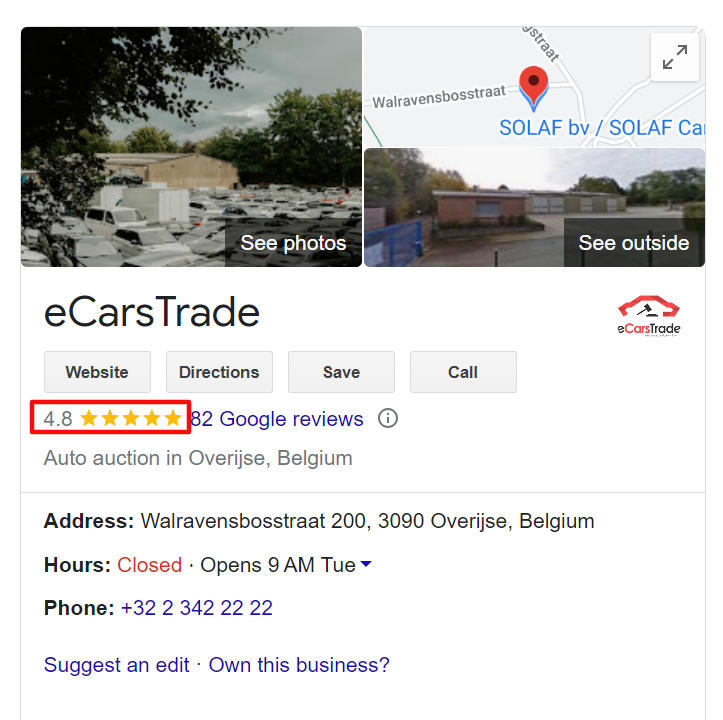 képernyőkép az ecarstrade google értékeléseiről