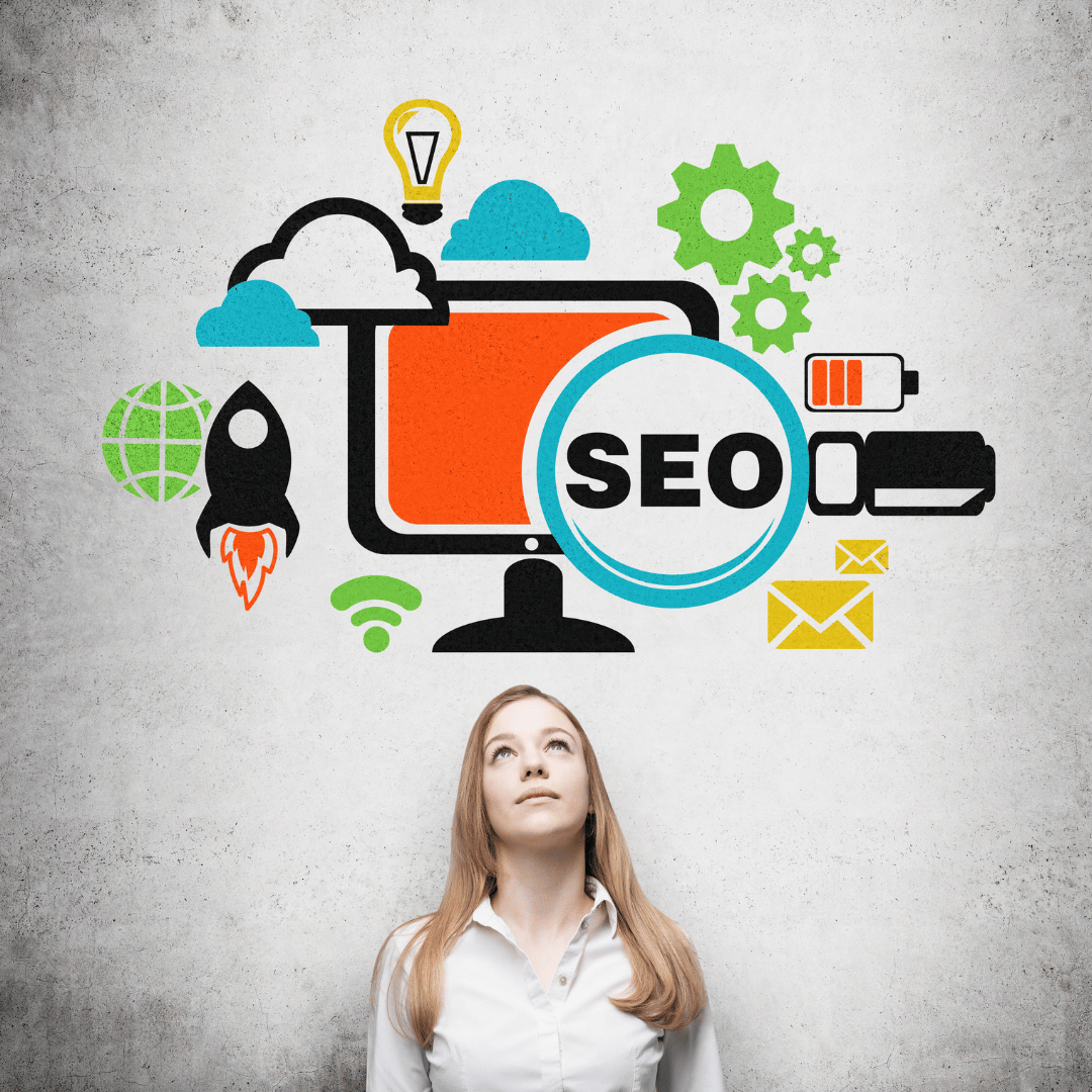 Lady looking up at SEO graphic