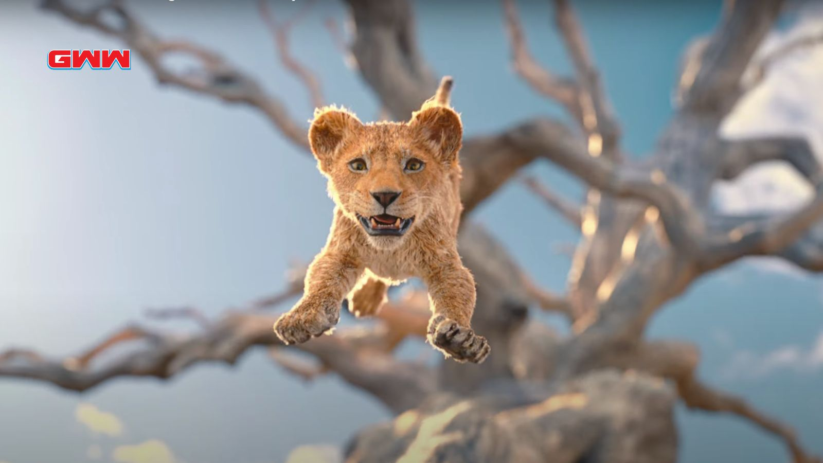 Young Simba jumping from a tree, Mufasa: The Lion King movie