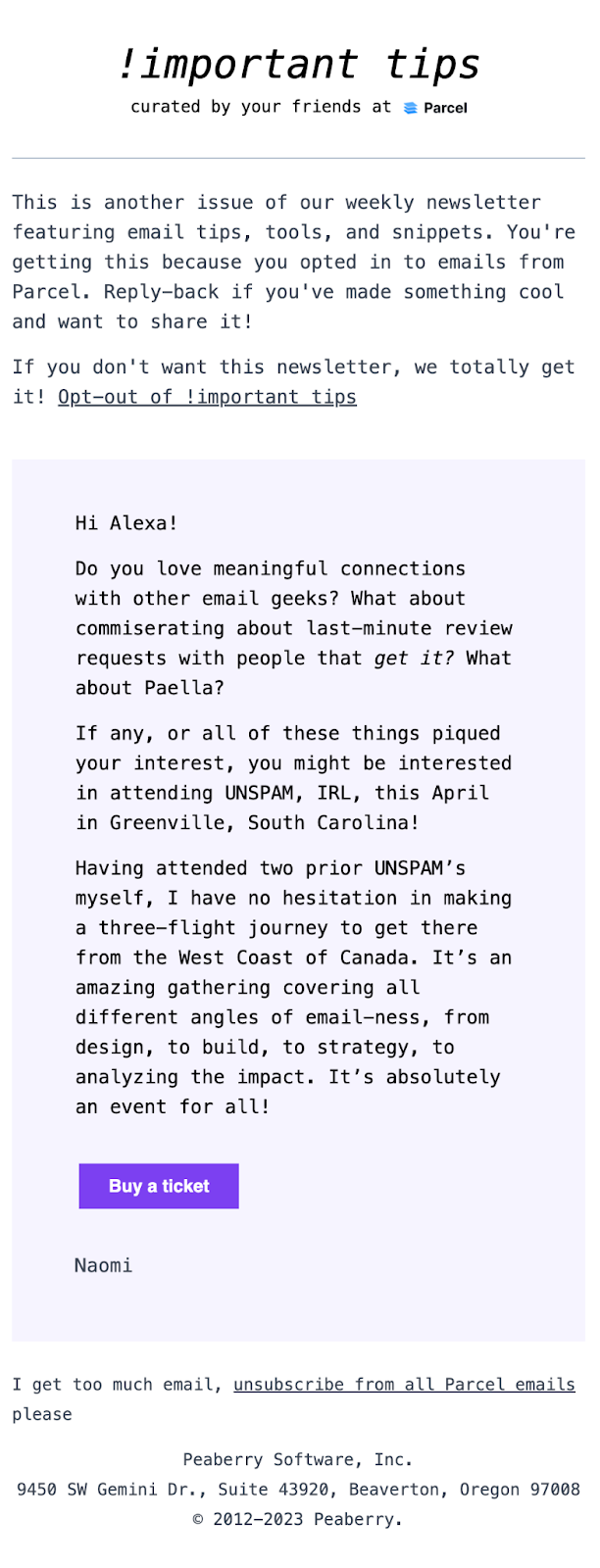 Lifecycle emails: Newsletter example from Parcel