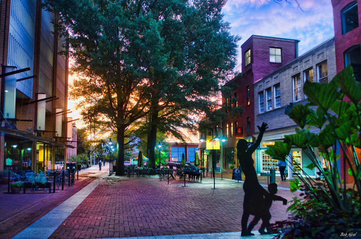 A sunrise photo of a brick street with two brick buildings on either side and two large trees growing in the center.