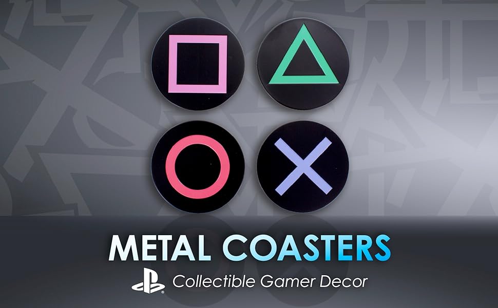 A promotional image of the PlayStation icon metal coasters from Paladone. 