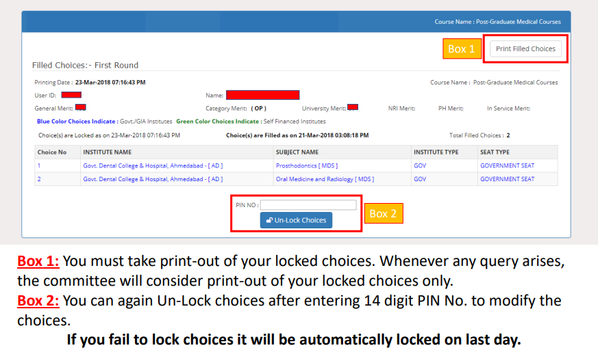 Step 9 of choice filling of gujarat neet counseling for pramukhswami medical college admission