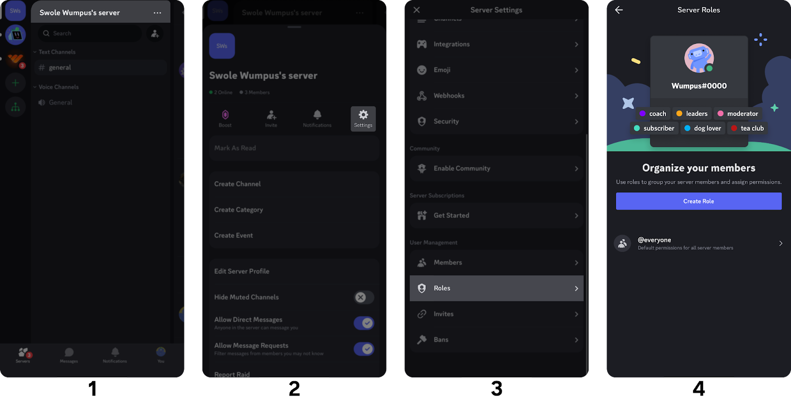 Steps of navigating to the roles section of a Discord server on mobile devices