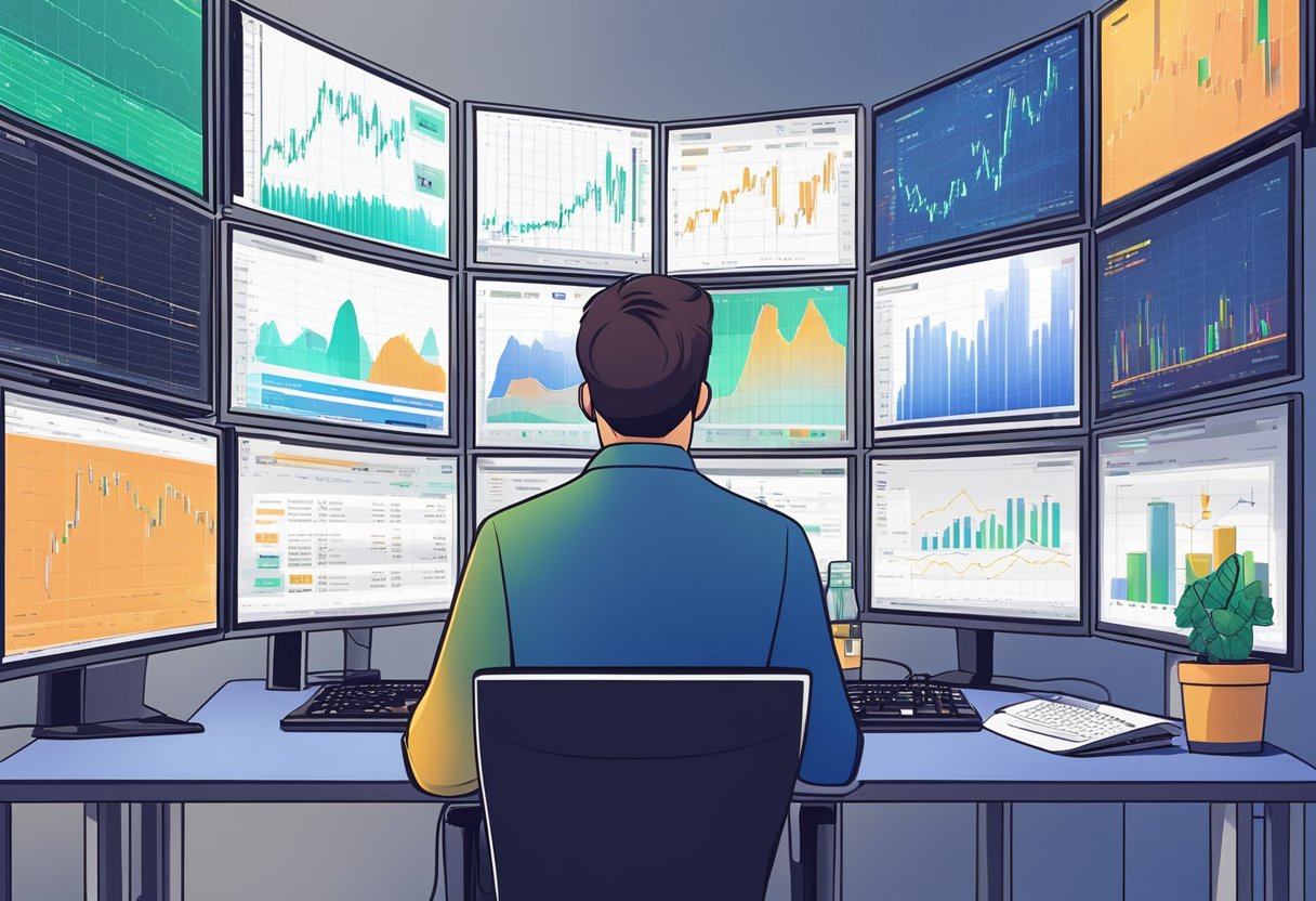 A computer screen displays cryptocurrency charts and transaction data, while a person analyzes the information with a focused expression