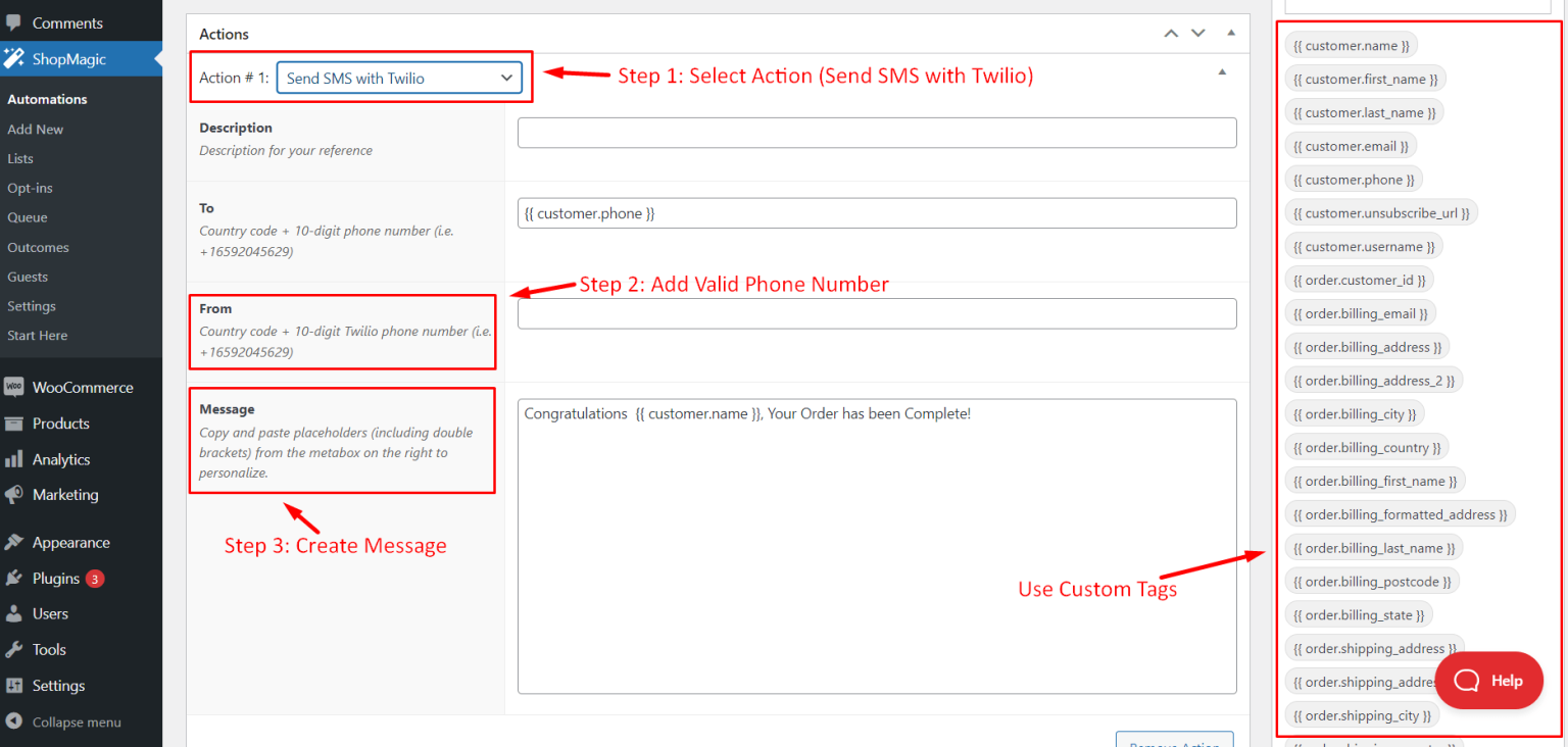 add-the-sms-format-also the phone-number--sent-event-notification-via-twillio-with-woocommerce