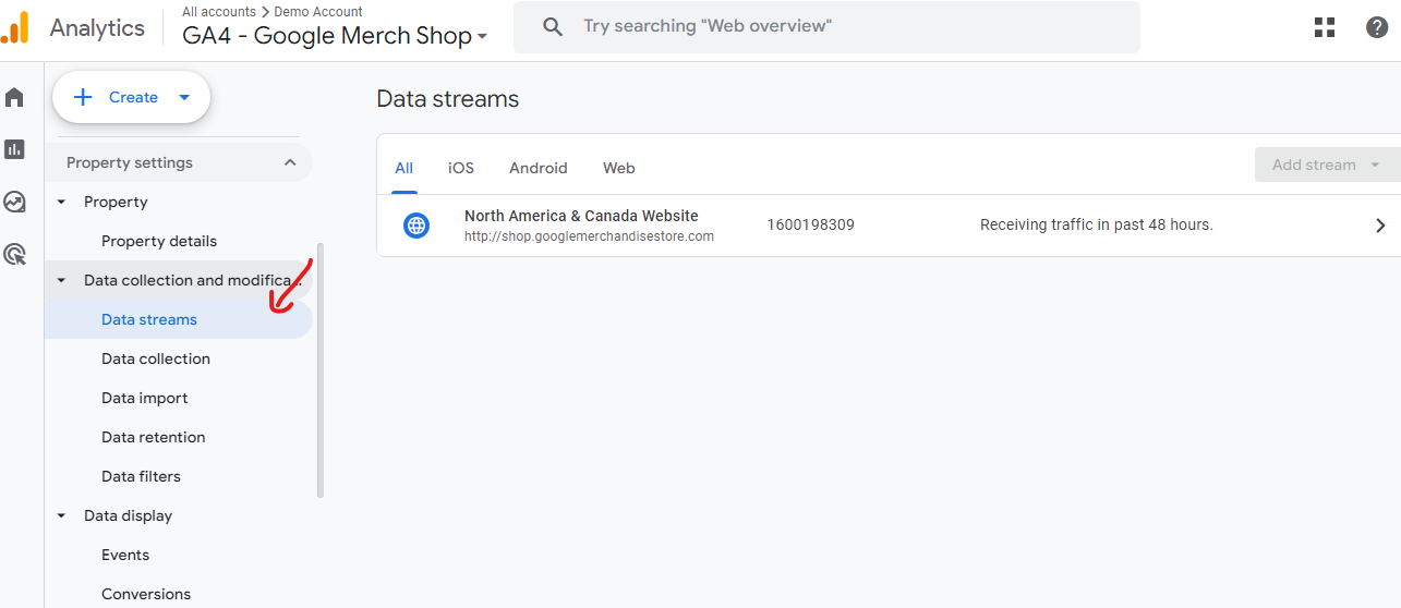 click on data streams in ga4