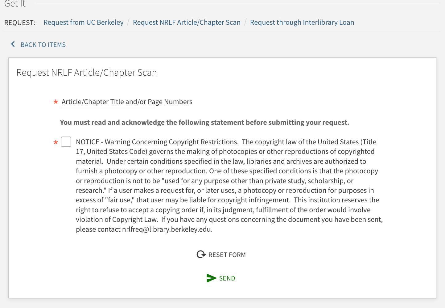 A screen capture showing the copyright declaration form in UC Library Search