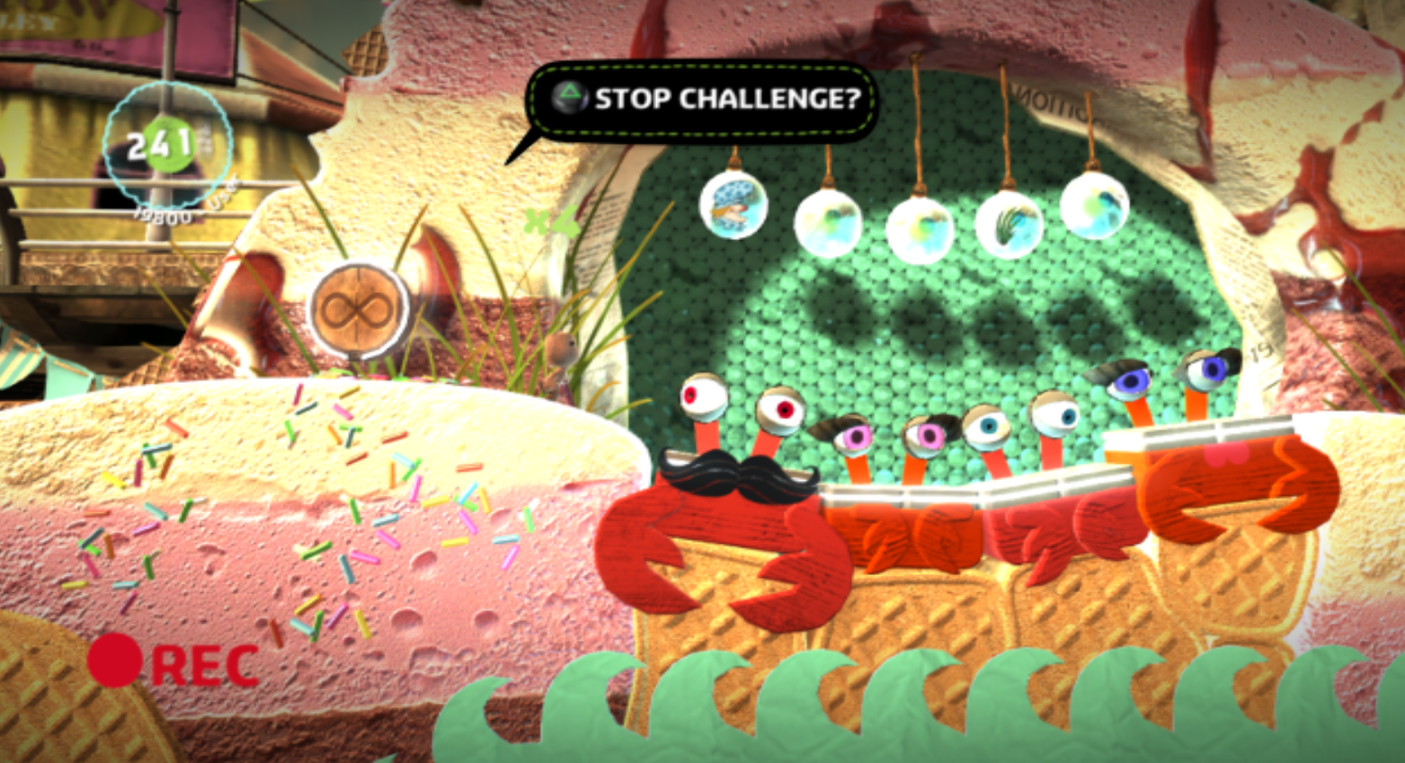 A scene from the lbp hub intro. a ui element says 'stop challenge?' with an option to press the triangle button. 