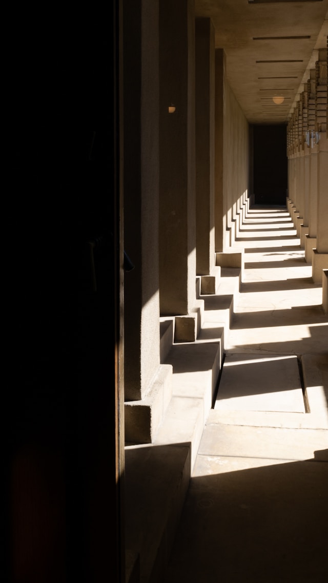 A colonnade with light falling on the floor incorporating Vastu principles