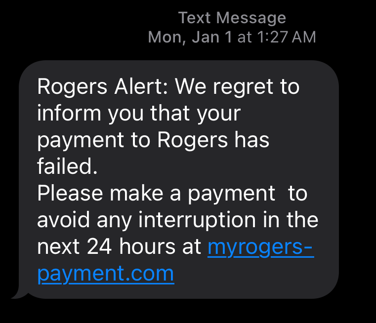 A smishing SMS message claiming to be Rogers with a warning that a payment could not be processed, which could lead to service interruptions within 24 hours.]