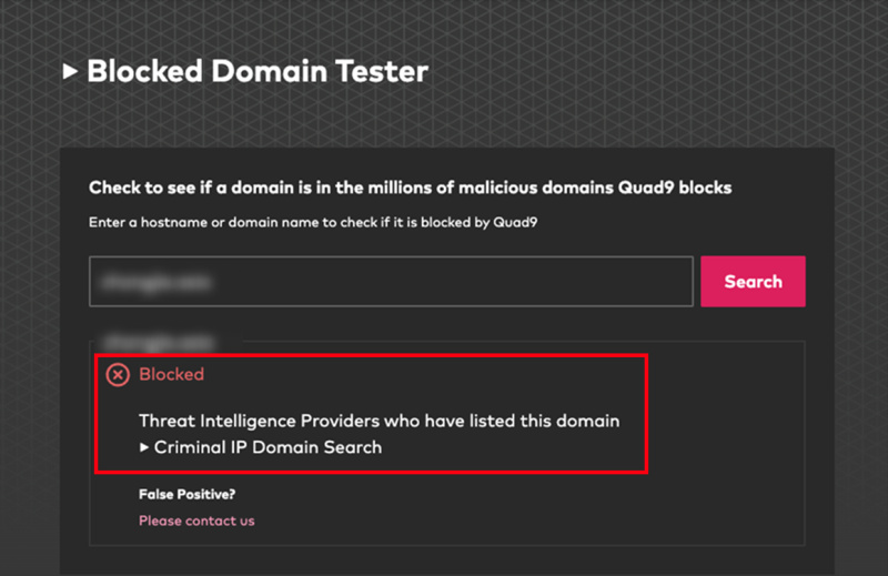 Results of the blocking test for the Quad9 threat-blocking security service integrated with Criminal IP TI