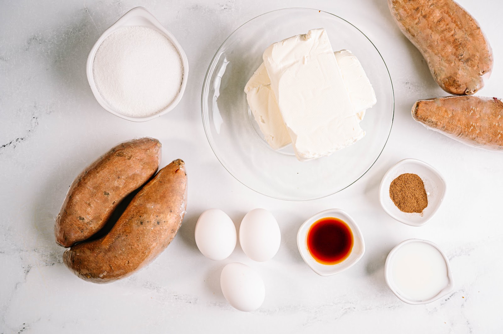 sweet potatoes, cream cheese, sugar, eggs, spices, vanilla extract, heavy cream, 