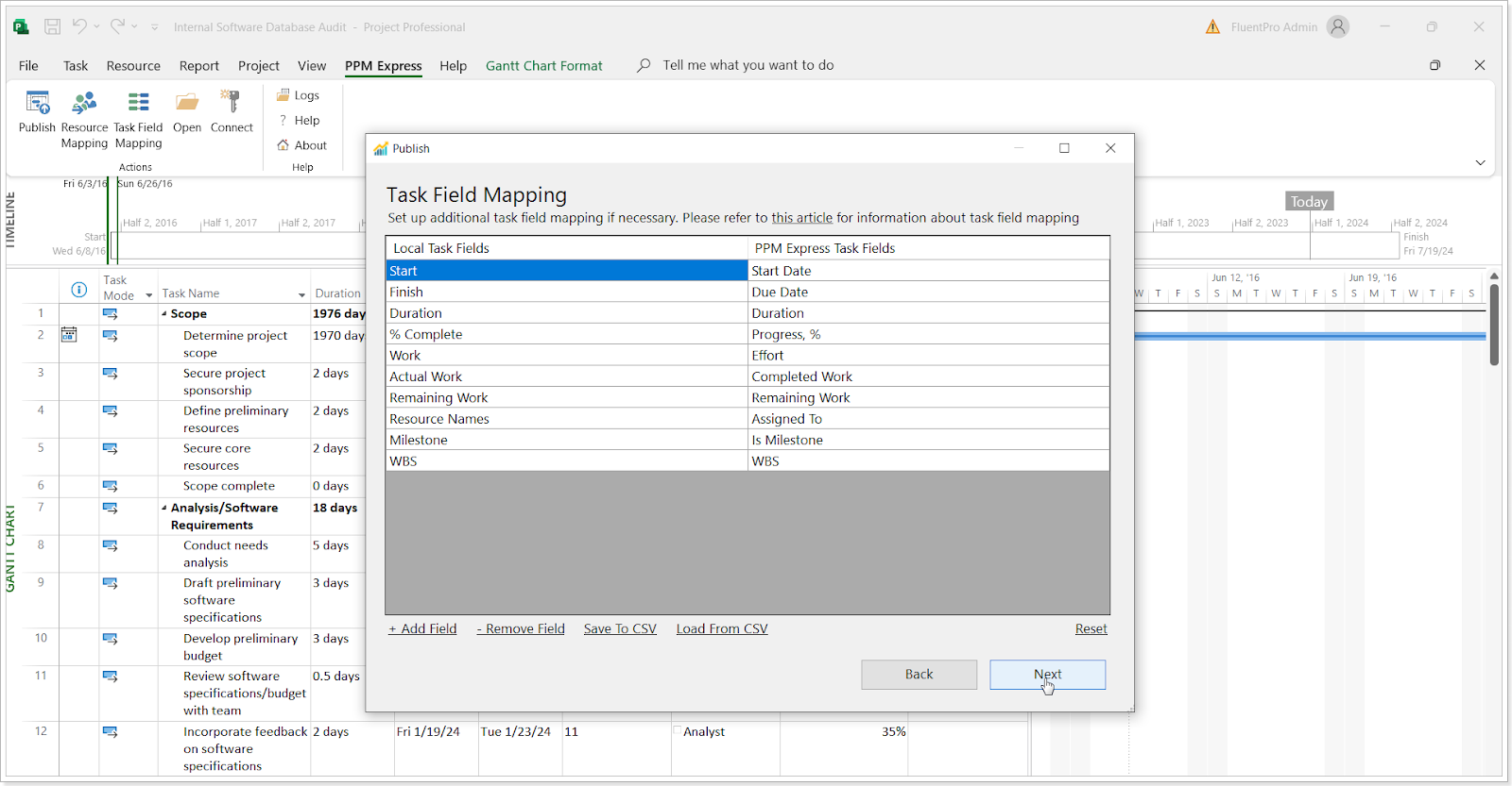 'Task Field Mapping' option to the interface of the MPP (Project) Publisher in PPM Express